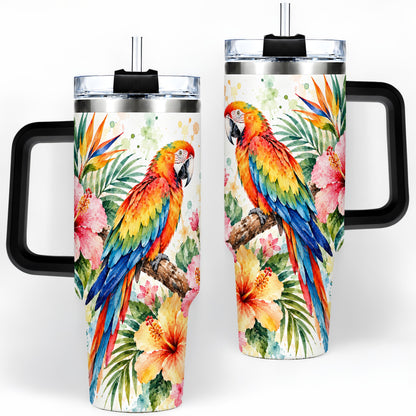 #pl[40oz|Black] Tropical Macaw Hibiscus 40oz Tumbler, Stainless Steel Drinkware