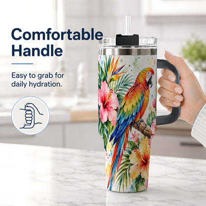 #pl[40oz|Black] Tropical Macaw Hibiscus 40oz Tumbler, Stainless Steel Drinkware