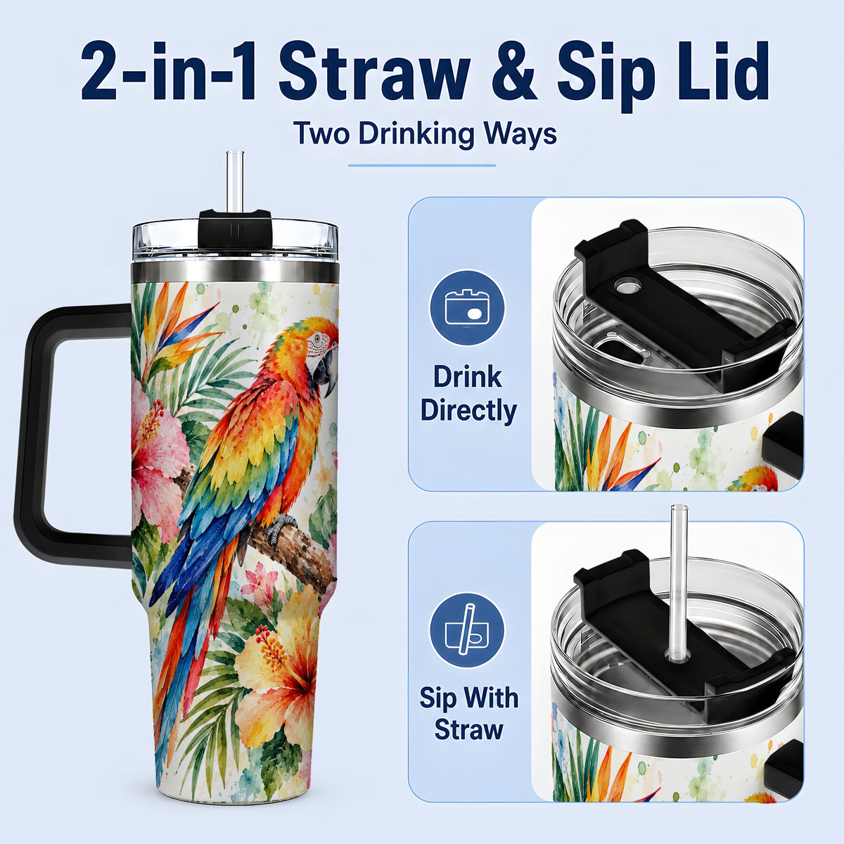 #pl[40oz|Black] Tropical Macaw Hibiscus 40oz Tumbler, Stainless Steel Drinkware