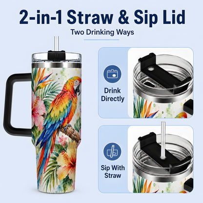 #pl[40oz|Black] Tropical Macaw Hibiscus 40oz Tumbler, Stainless Steel Drinkware