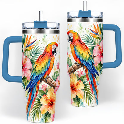 #pl[40oz|Blue] Tropical Macaw Hibiscus 40oz Tumbler, Stainless Steel Drinkware