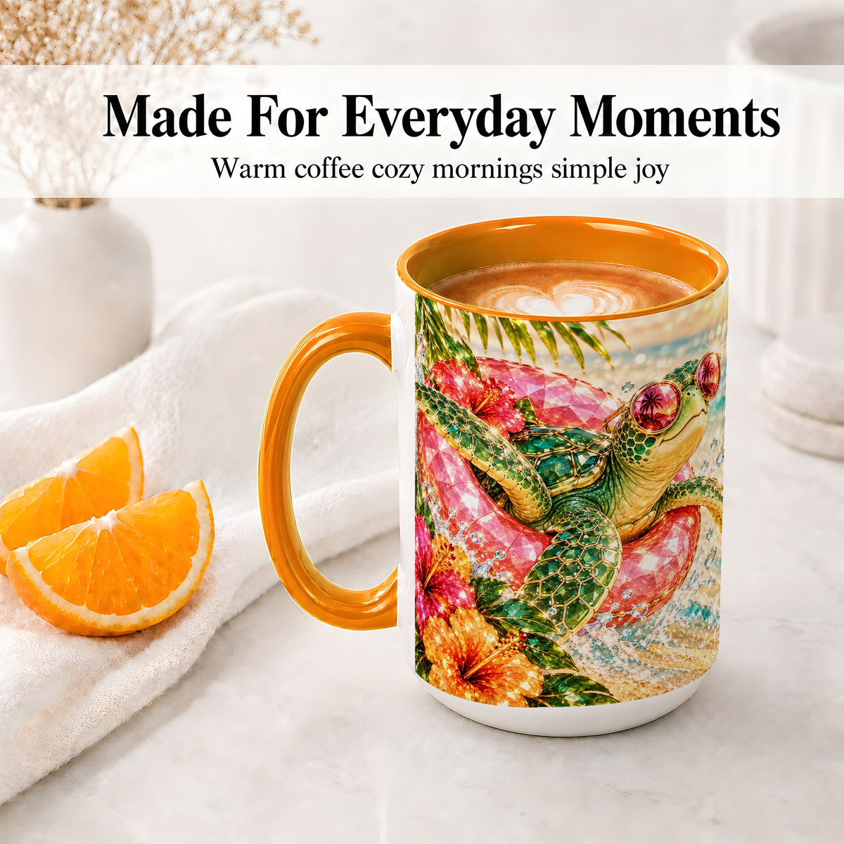 #pl[15oz|Orange] Tropical Sea Turtle Accent Mug, Ceramic Drinkware for Beach Fans