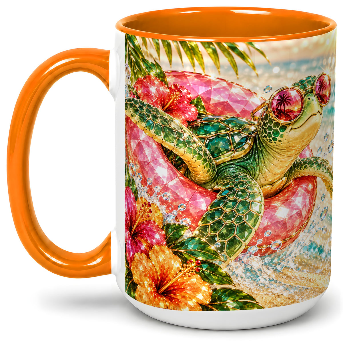 #pl[15oz|Orange] Tropical Sea Turtle Accent Mug, Ceramic Drinkware for Beach Fans