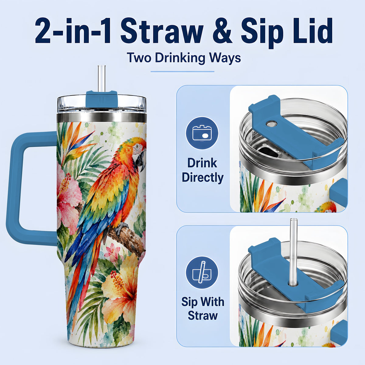 #pl[40oz|Blue] Tropical Macaw Hibiscus 40oz Tumbler, Stainless Steel Drinkware