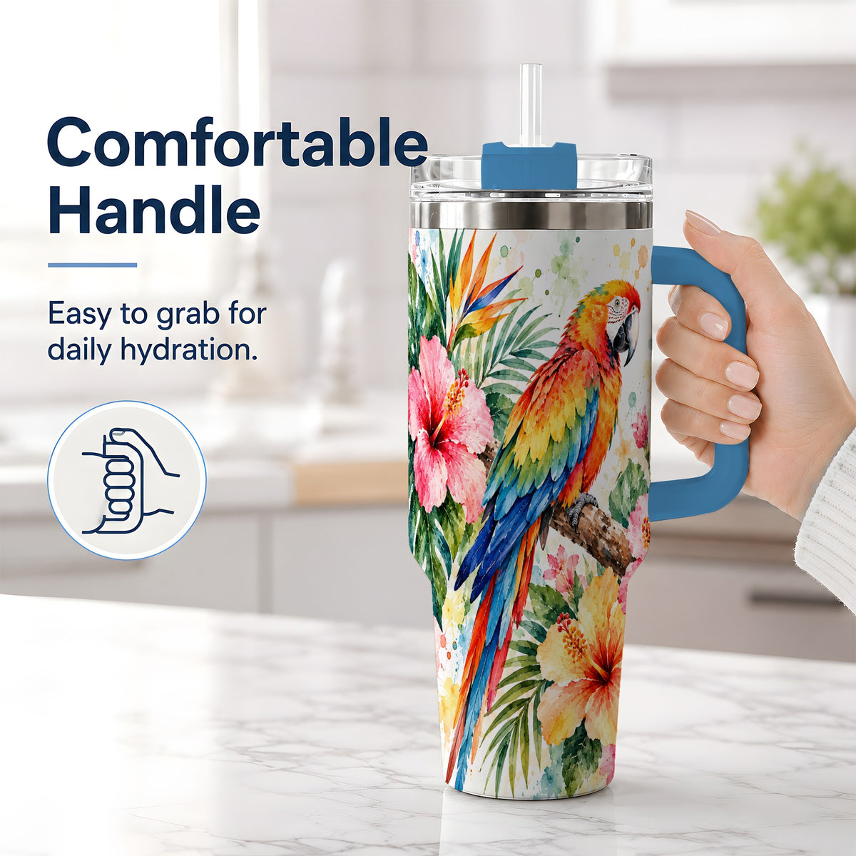 #pl[40oz|Blue] Tropical Macaw Hibiscus 40oz Tumbler, Stainless Steel Drinkware