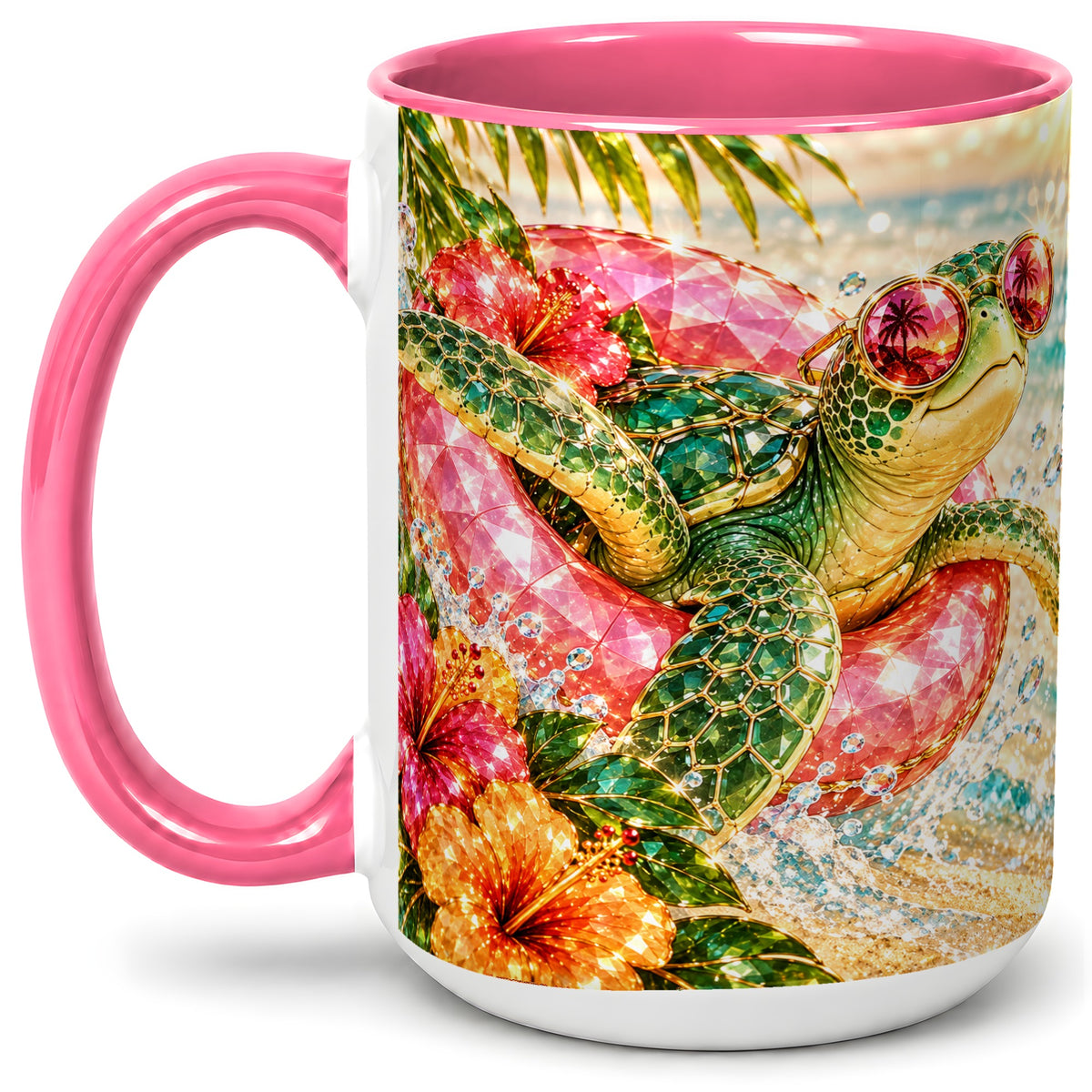 #pl[15oz|Pink] Tropical Sea Turtle Accent Mug, Ceramic Drinkware for Beach Fans