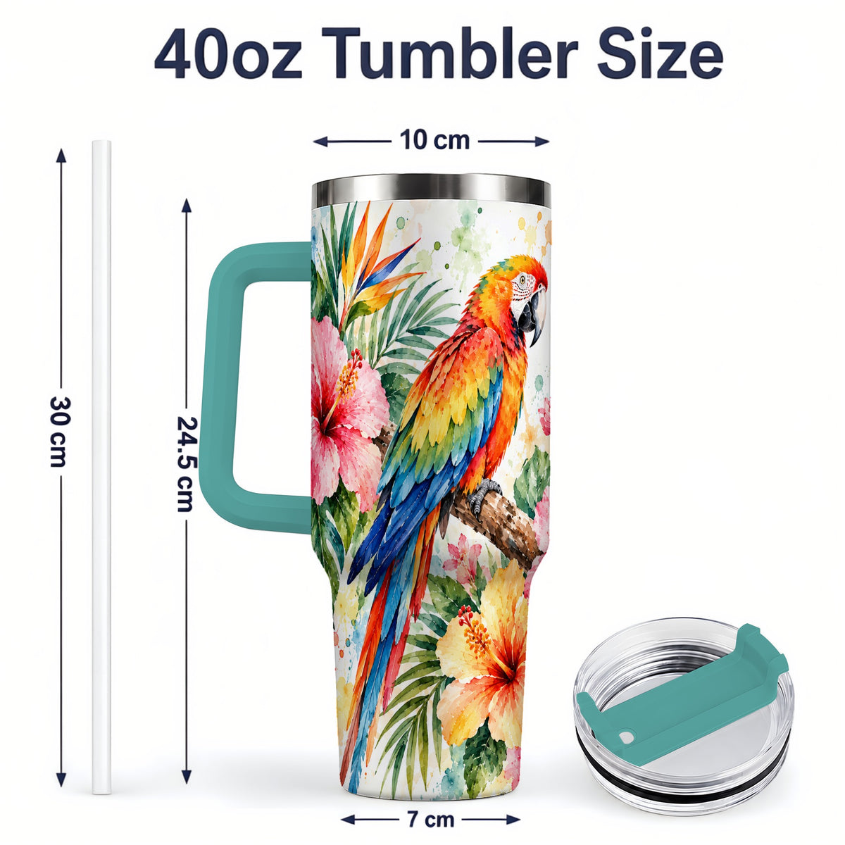 #pl[40oz|Green] Tropical Macaw Hibiscus 40oz Tumbler, Stainless Steel Drinkware