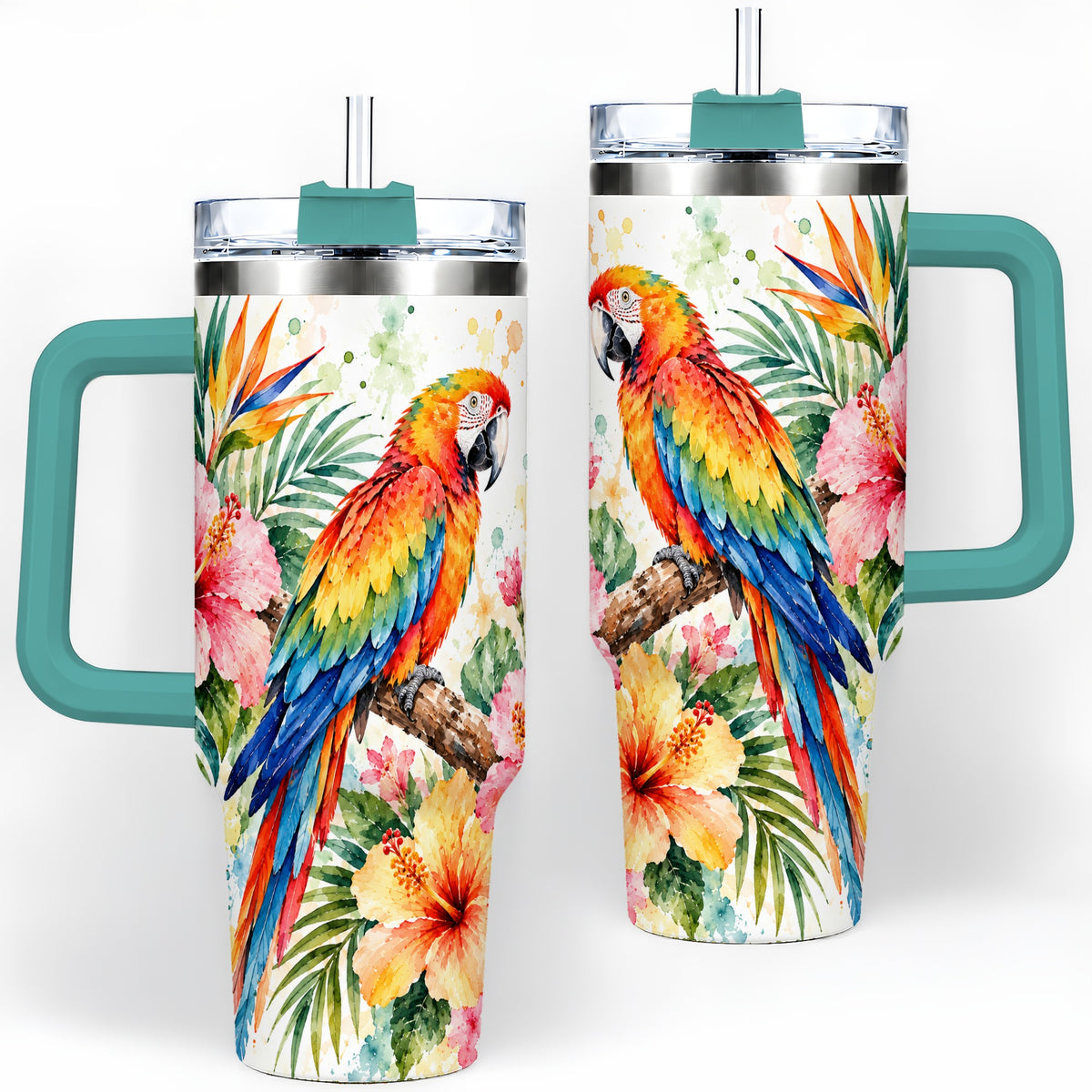 #pl[40oz|Green] Tropical Macaw Hibiscus 40oz Tumbler, Stainless Steel Drinkware