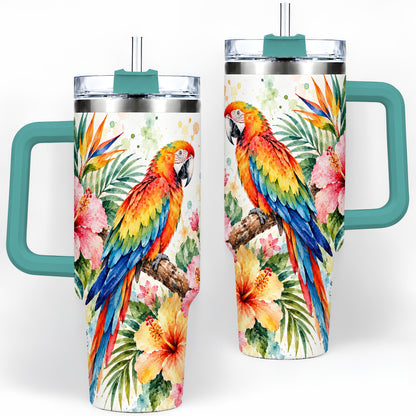 #pl[40oz|Green] Tropical Macaw Hibiscus 40oz Tumbler, Stainless Steel Drinkware