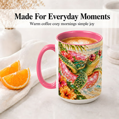 #pl[15oz|Pink] Tropical Sea Turtle Accent Mug, Ceramic Drinkware for Beach Fans