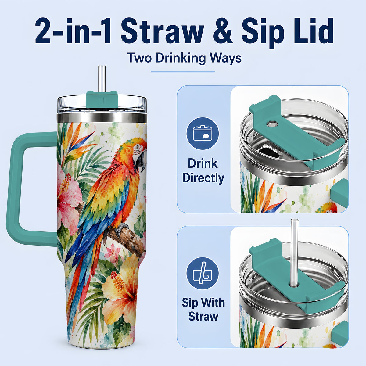 #pl[40oz|Green] Tropical Macaw Hibiscus 40oz Tumbler, Stainless Steel Drinkware