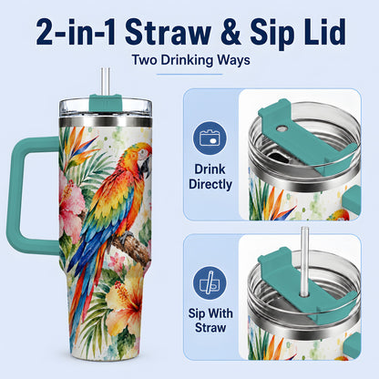 #pl[40oz|Green] Tropical Macaw Hibiscus 40oz Tumbler, Stainless Steel Drinkware