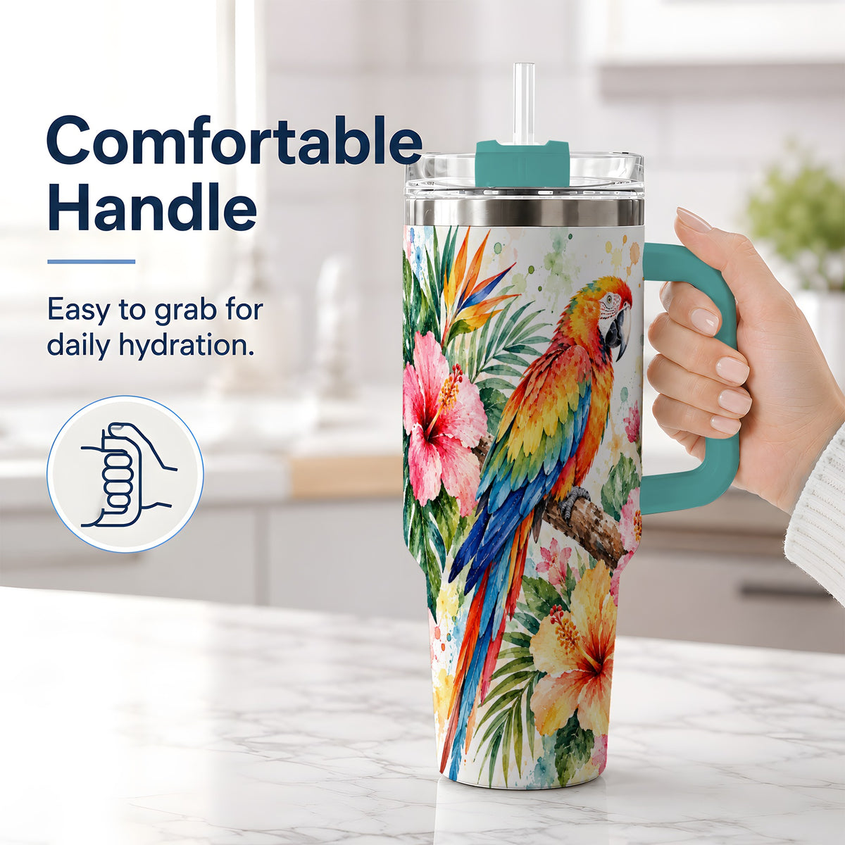 #pl[40oz|Green] Tropical Macaw Hibiscus 40oz Tumbler, Stainless Steel Drinkware