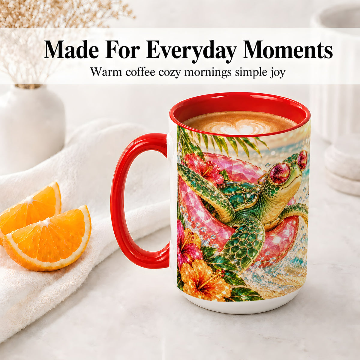 #pl[15oz|Red] Tropical Sea Turtle Accent Mug, Ceramic Drinkware for Beach Fans