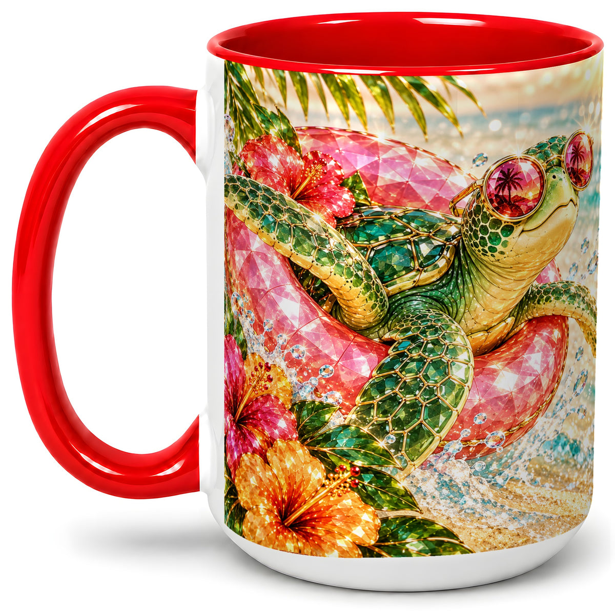 #pl[15oz|Red] Tropical Sea Turtle Accent Mug, Ceramic Drinkware for Beach Fans