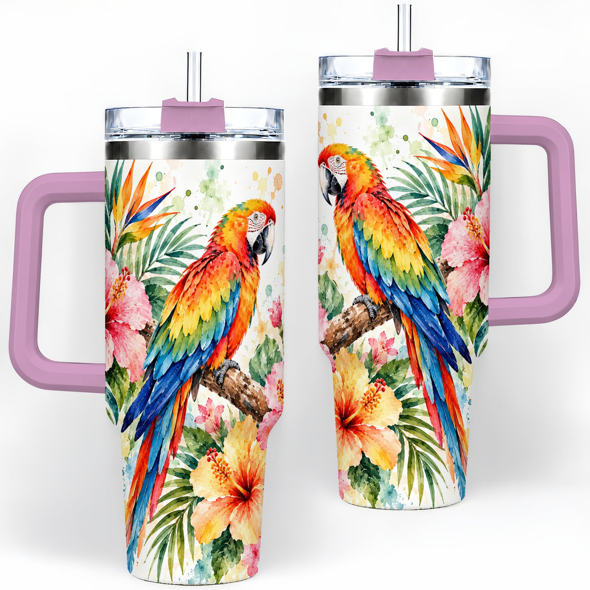 #pl[40oz|Pink] Tropical Macaw Hibiscus 40oz Tumbler, Stainless Steel Drinkware