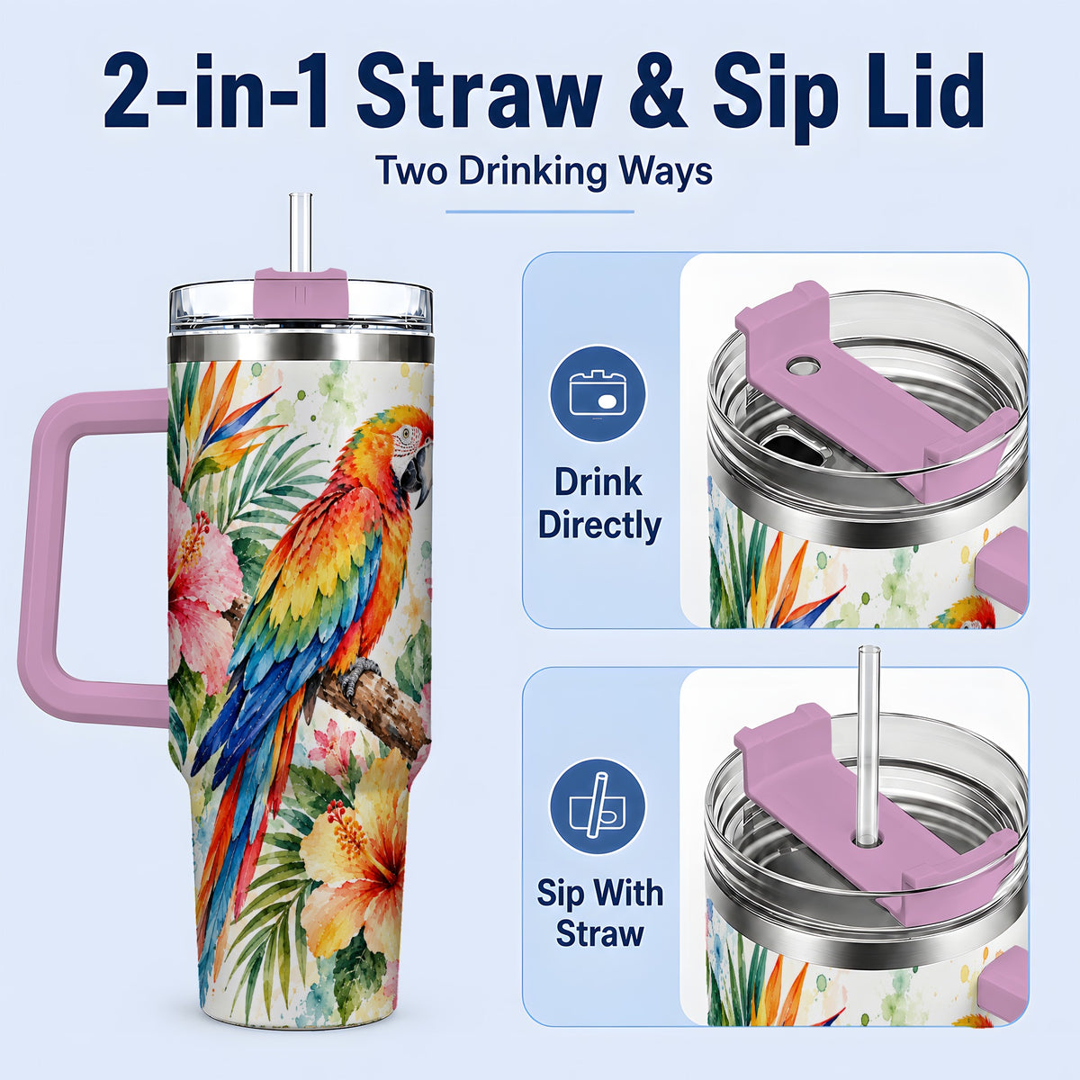 #pl[40oz|Pink] Tropical Macaw Hibiscus 40oz Tumbler, Stainless Steel Drinkware