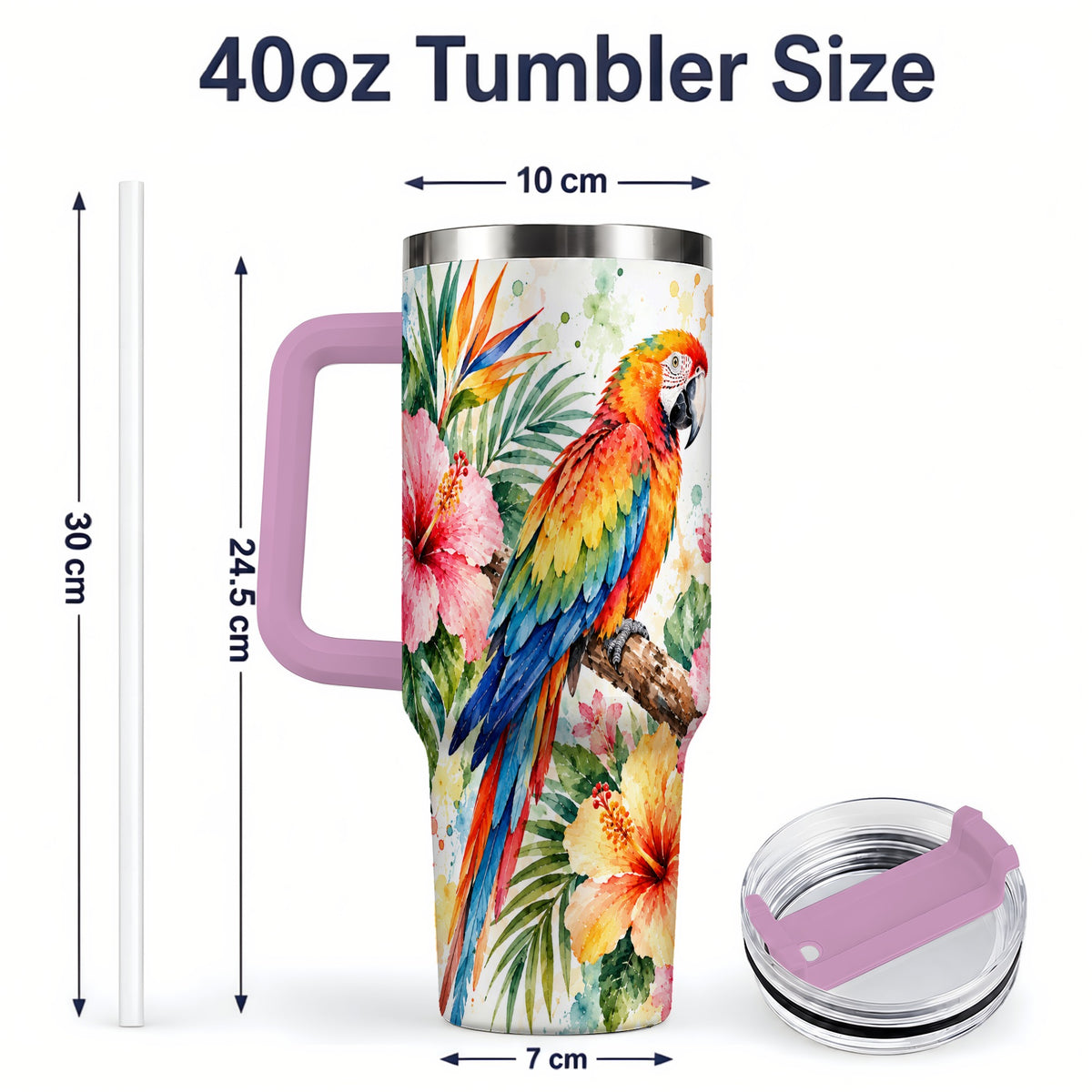 #pl[40oz|Pink] Tropical Macaw Hibiscus 40oz Tumbler, Stainless Steel Drinkware