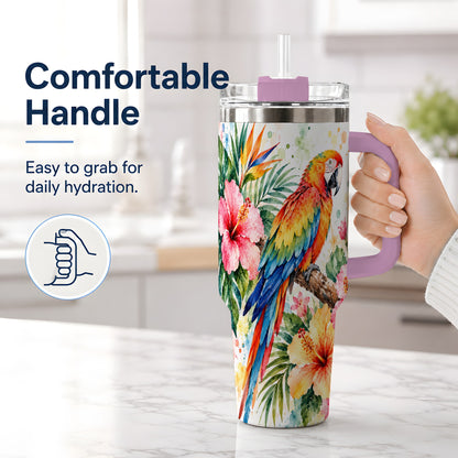 #pl[40oz|Pink] Tropical Macaw Hibiscus 40oz Tumbler, Stainless Steel Drinkware
