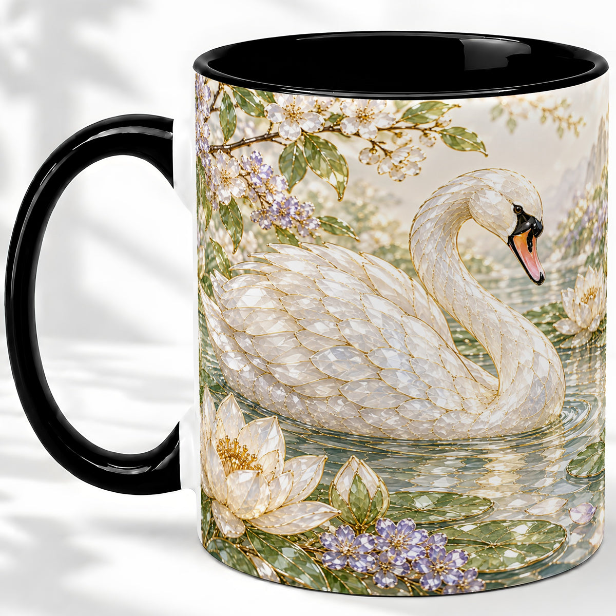 #pl[11oz|Black] Swan Pond Floral Accent Mug, Ceramic Drinkware for Nature Lovers