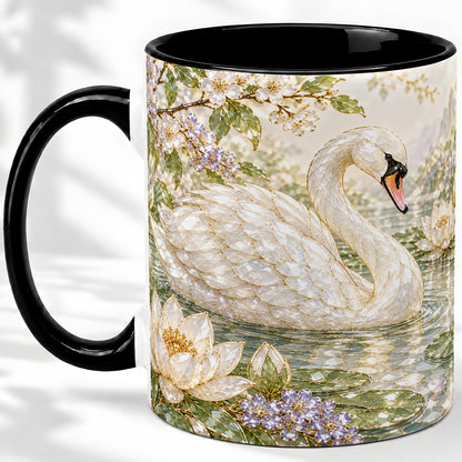 #pl[11oz|Black] Swan Pond Floral Accent Mug, Ceramic Drinkware for Nature Lovers