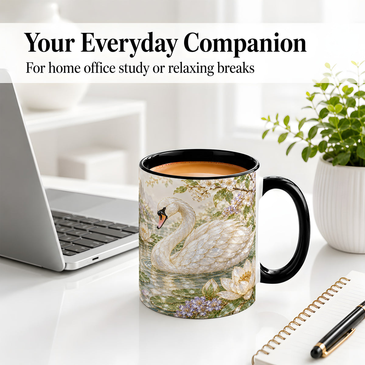 #pl[11oz|Black] Swan Pond Floral Accent Mug, Ceramic Drinkware for Nature Lovers