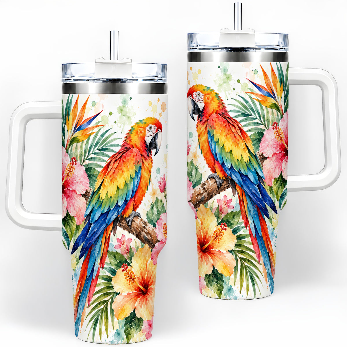 Tropical Macaw Hibiscus 40oz Tumbler, Stainless Steel Drinkware