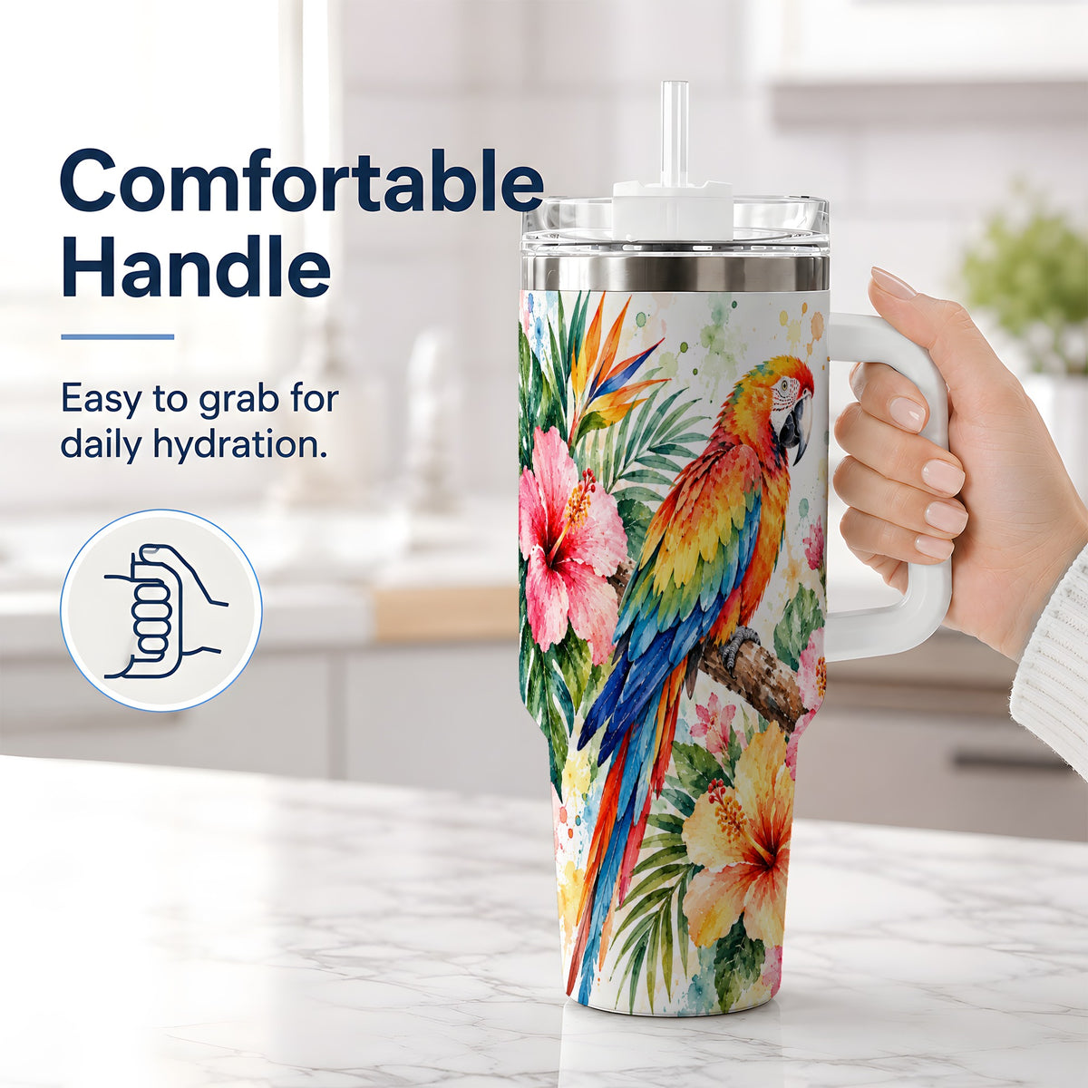 #pl[40oz|White] Tropical Macaw Hibiscus 40oz Tumbler, Stainless Steel Drinkware