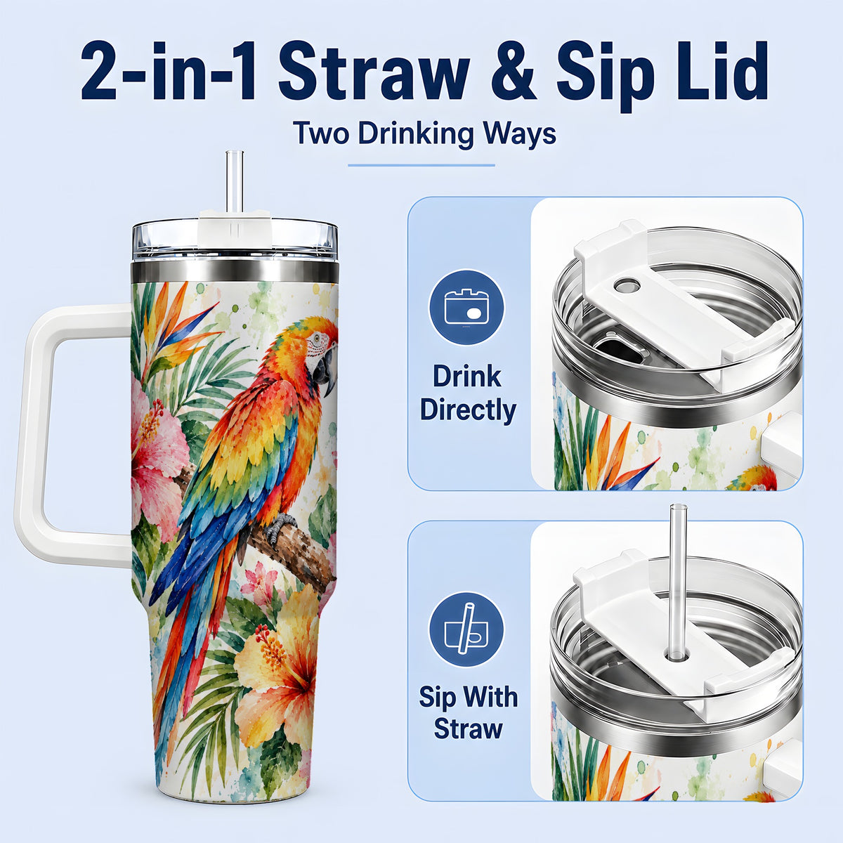 #pl[40oz|White] Tropical Macaw Hibiscus 40oz Tumbler, Stainless Steel Drinkware