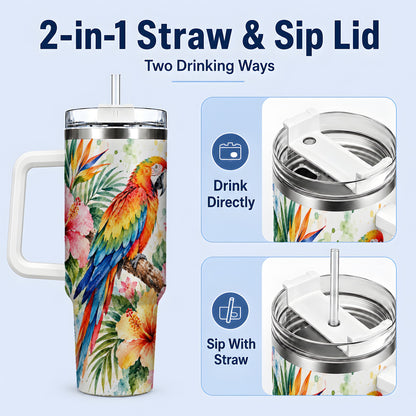 #pl[40oz|White] Tropical Macaw Hibiscus 40oz Tumbler, Stainless Steel Drinkware