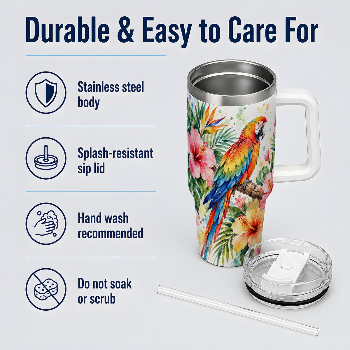 Tropical Macaw Hibiscus 40oz Tumbler, Stainless Steel Drinkware