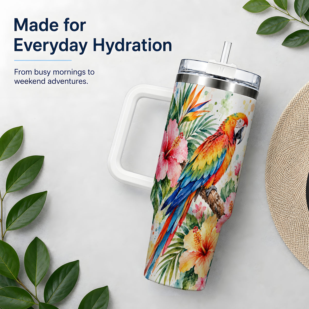 Tropical Macaw Hibiscus 40oz Tumbler, Stainless Steel Drinkware