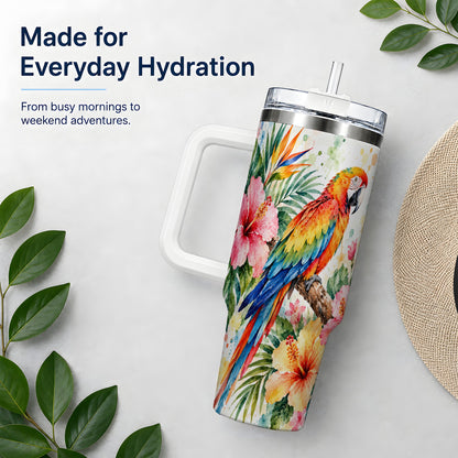Tropical Macaw Hibiscus 40oz Tumbler, Stainless Steel Drinkware