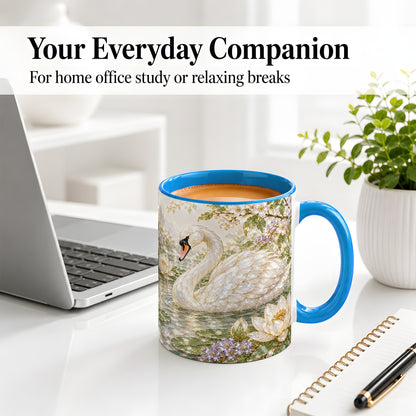 #pl[11oz|Blue] Swan Pond Floral Accent Mug, Ceramic Drinkware for Nature Lovers