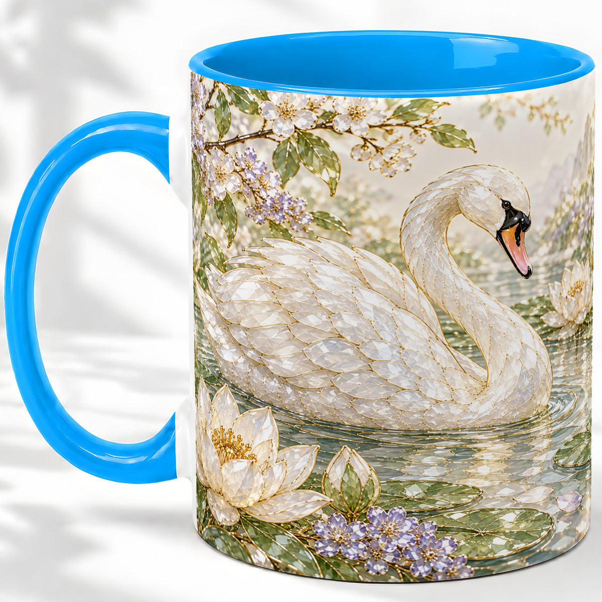 #pl[11oz|Blue] Swan Pond Floral Accent Mug, Ceramic Drinkware for Nature Lovers
