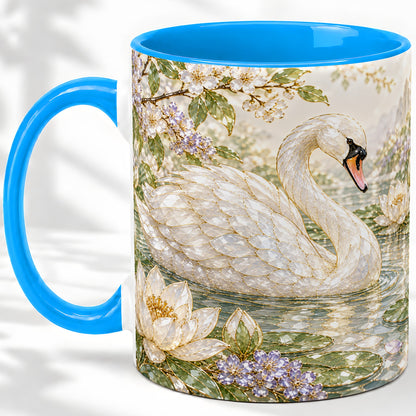#pl[11oz|Blue] Swan Pond Floral Accent Mug, Ceramic Drinkware for Nature Lovers