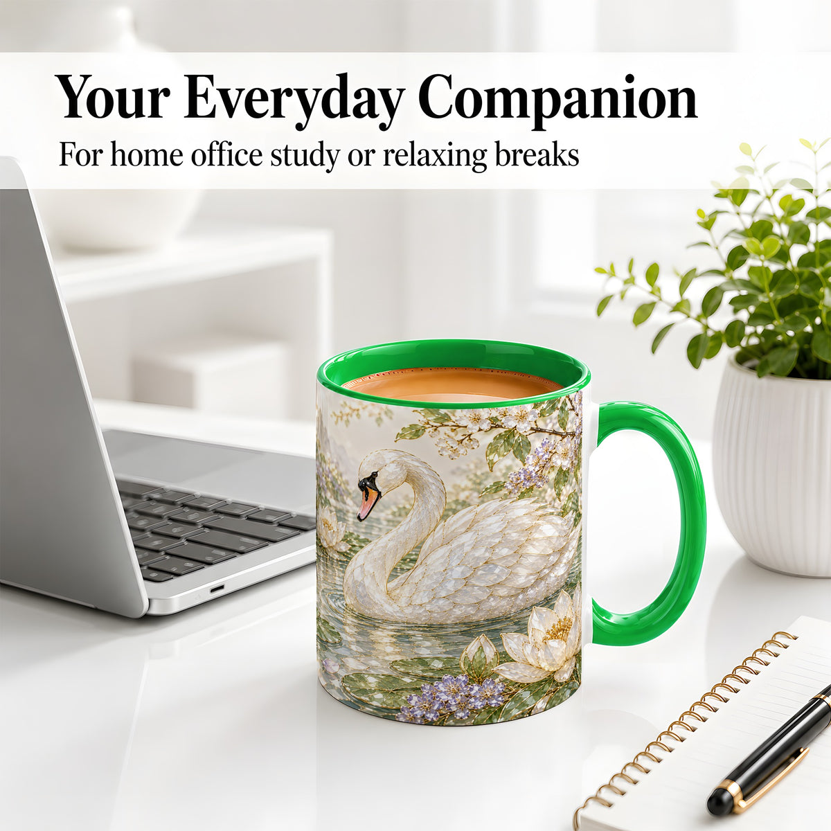 #pl[11oz|Green] Swan Pond Floral Accent Mug, Ceramic Drinkware for Nature Lovers