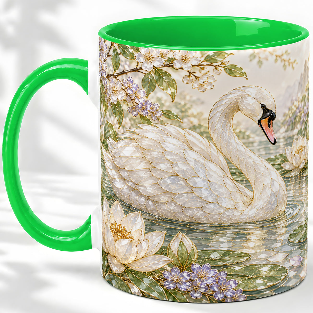 #pl[11oz|Green] Swan Pond Floral Accent Mug, Ceramic Drinkware for Nature Lovers