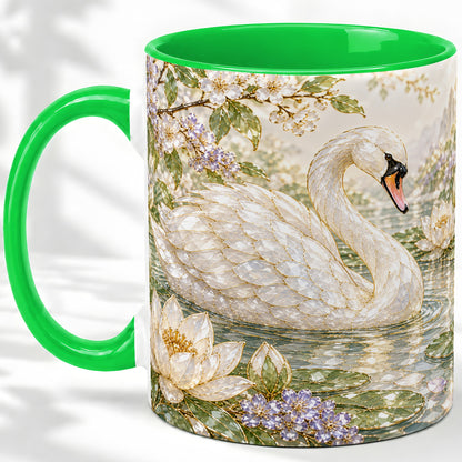 #pl[11oz|Green] Swan Pond Floral Accent Mug, Ceramic Drinkware for Nature Lovers