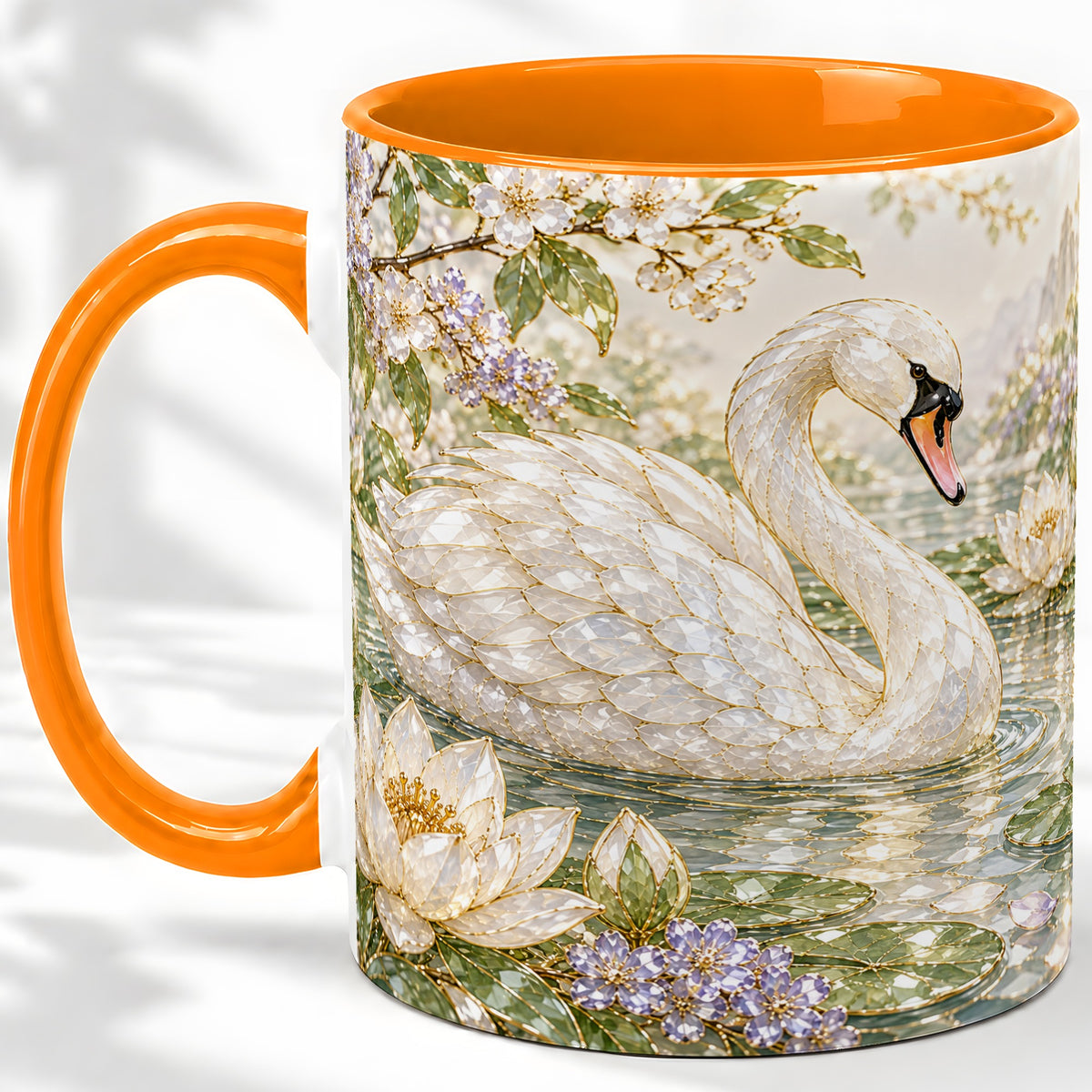#pl[11oz|Orange] Swan Pond Floral Accent Mug, Ceramic Drinkware for Nature Lovers