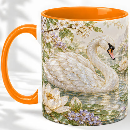 #pl[11oz|Orange] Swan Pond Floral Accent Mug, Ceramic Drinkware for Nature Lovers
