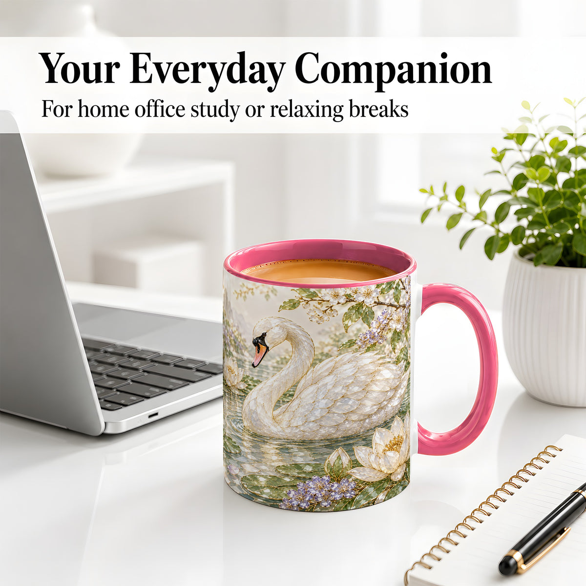 #pl[11oz|Pink] Swan Pond Floral Accent Mug, Ceramic Drinkware for Nature Lovers