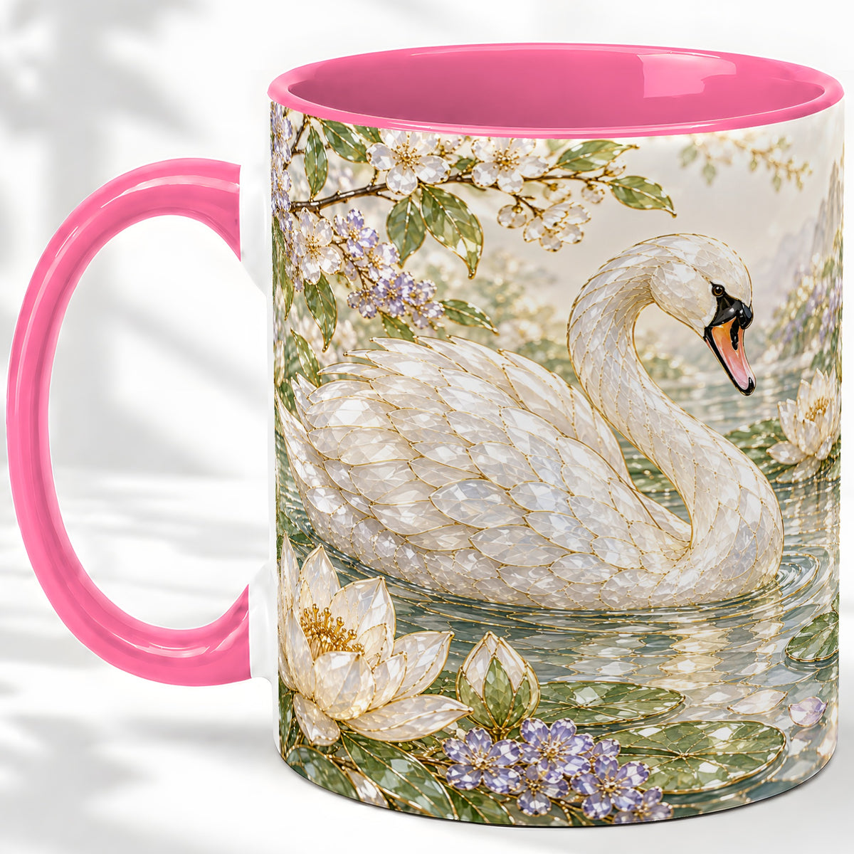 #pl[11oz|Pink] Swan Pond Floral Accent Mug, Ceramic Drinkware for Nature Lovers