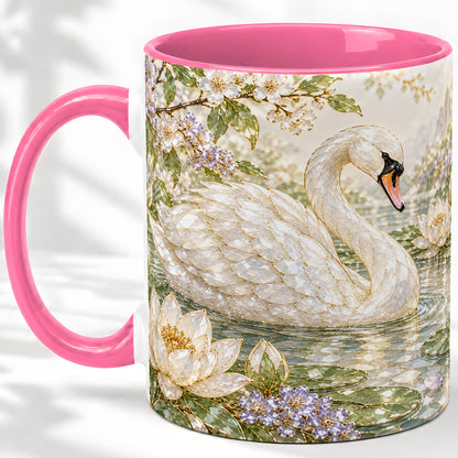 #pl[11oz|Pink] Swan Pond Floral Accent Mug, Ceramic Drinkware for Nature Lovers