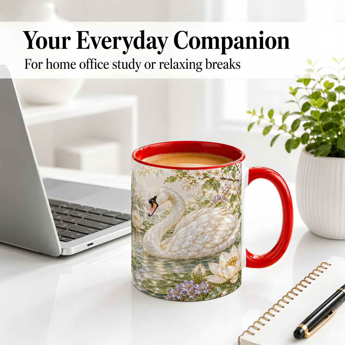 #pl[11oz|Red] Swan Pond Floral Accent Mug, Ceramic Drinkware for Nature Lovers