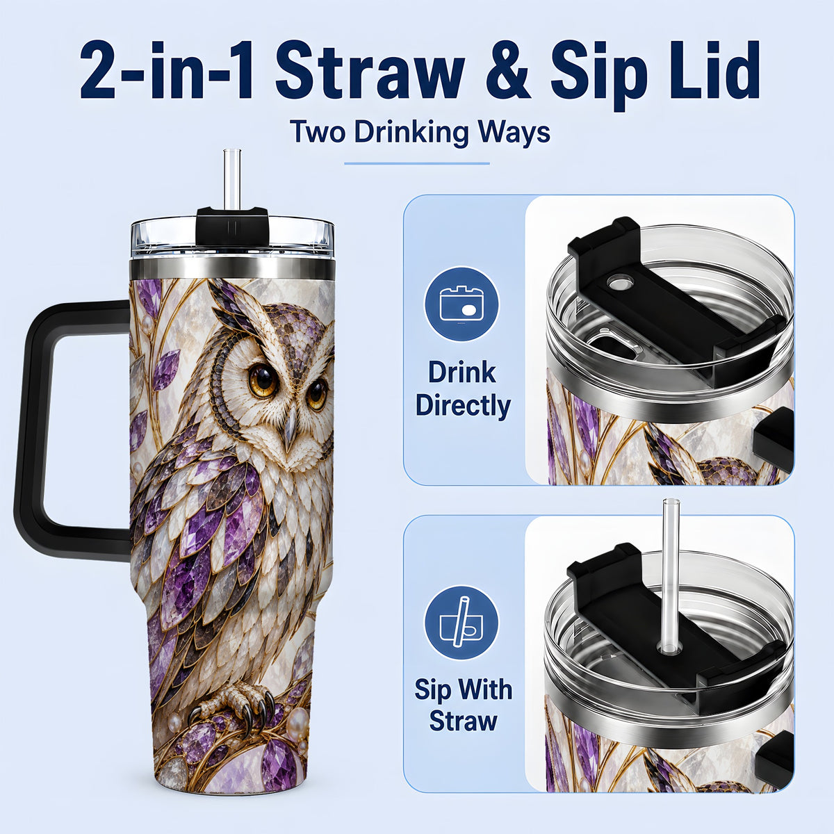 #pl[40oz|Black] Purple Owl 40oz Tumbler, Drinkware for Owl Lovers