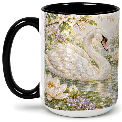 #pl[15oz|Black] Swan Pond Floral Accent Mug, Ceramic Drinkware for Nature Lovers