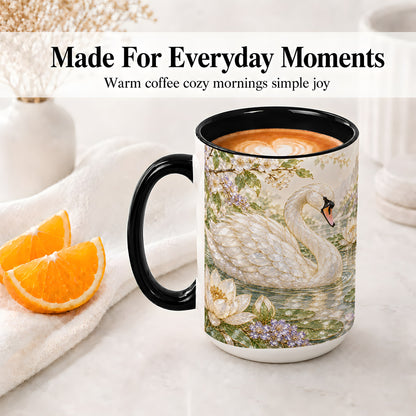 #pl[15oz|Black] Swan Pond Floral Accent Mug, Ceramic Drinkware for Nature Lovers