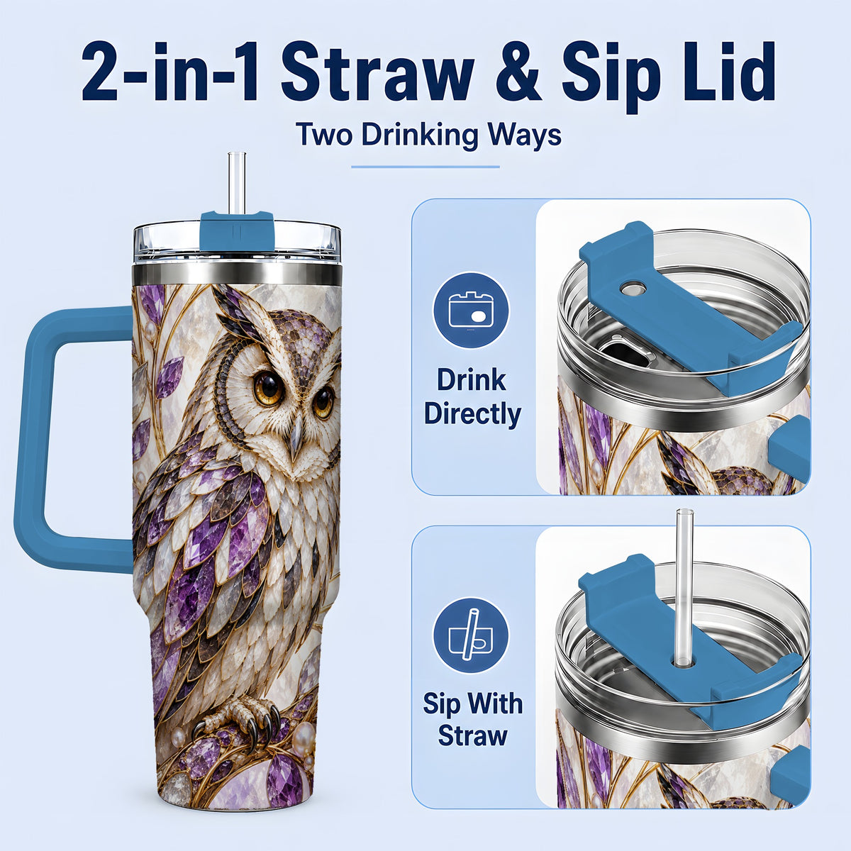 #pl[40oz|Blue] Purple Owl 40oz Tumbler, Drinkware for Owl Lovers
