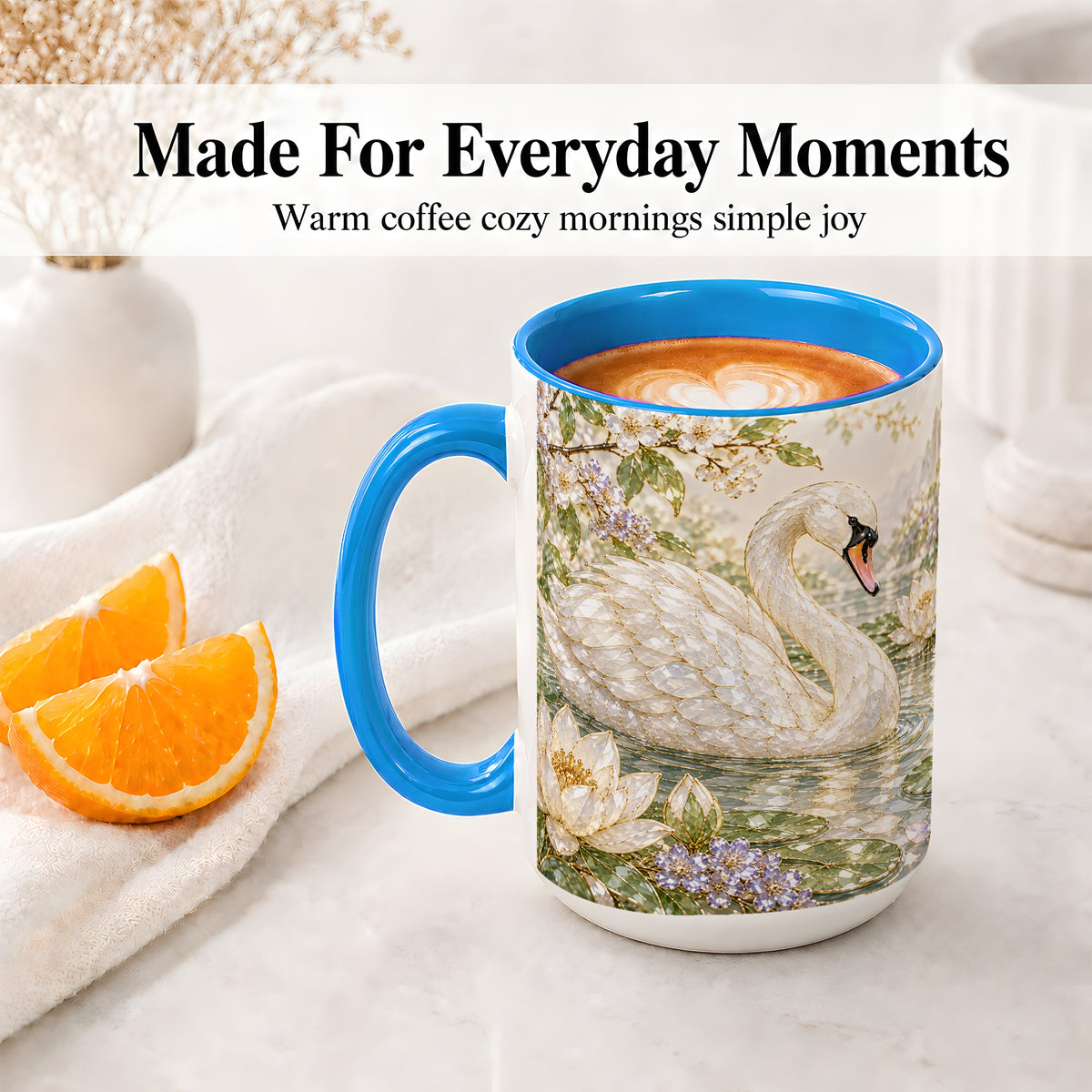 #pl[15oz|Blue] Swan Pond Floral Accent Mug, Ceramic Drinkware for Nature Lovers